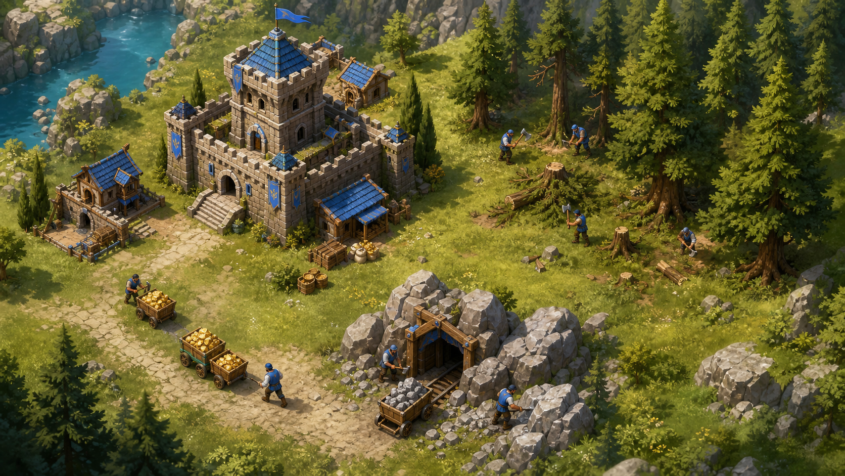 Workers gathering resources around a castle in The New Era
