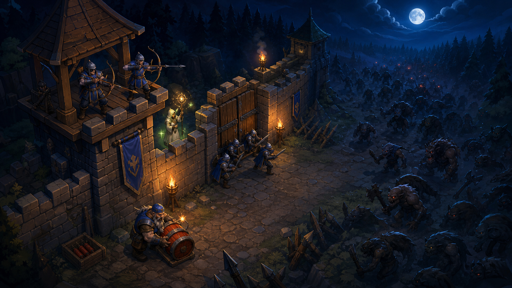 Defenders holding a fortress gate against monsters at night in The New Era