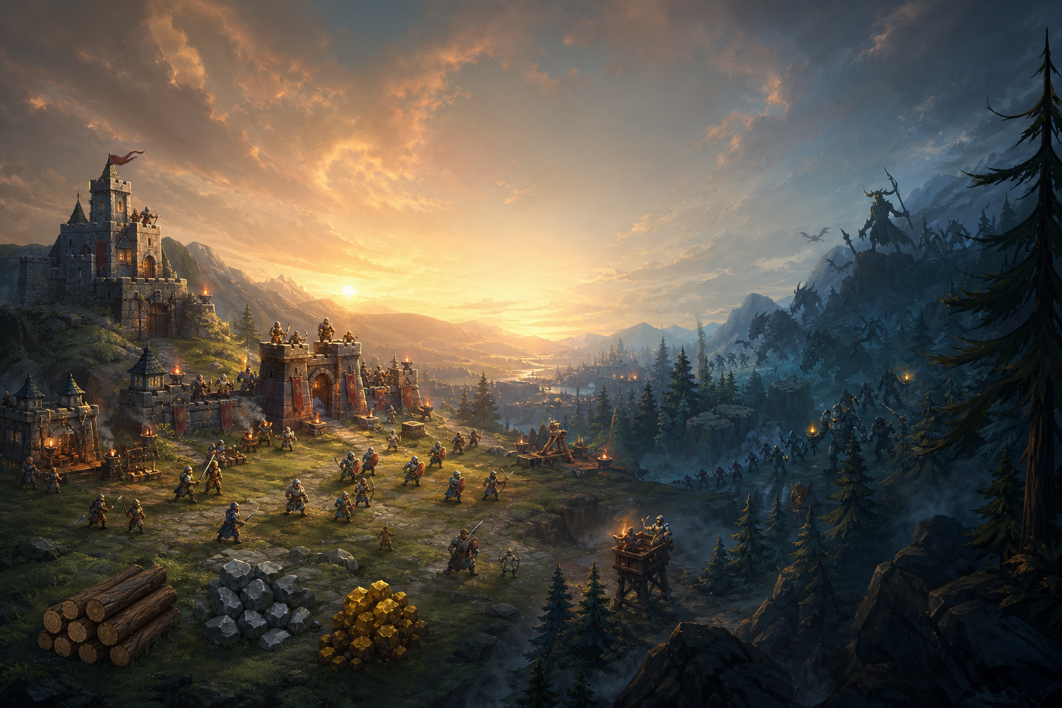 The New Era fantasy survival RTS poster with a castle, resources, soldiers, and enemies at dusk