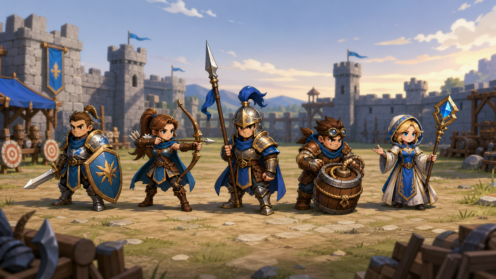 The five unit roles of The New Era standing in a fortress training yard